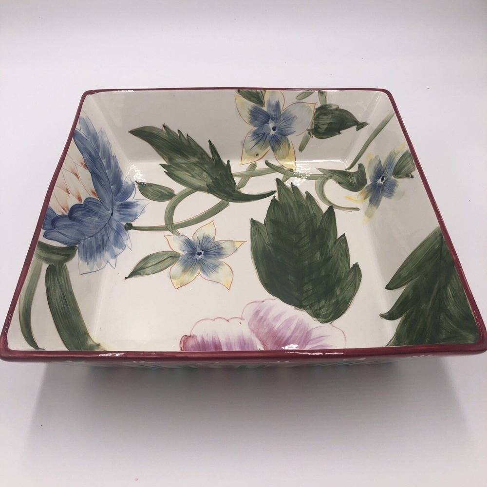 Earthenware‎ Square Bowl American Atelier Ashley 12" Flowers w/Original Box
